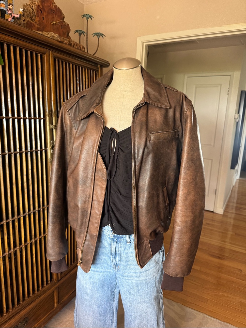 Genuine leather distressed bomber jacket